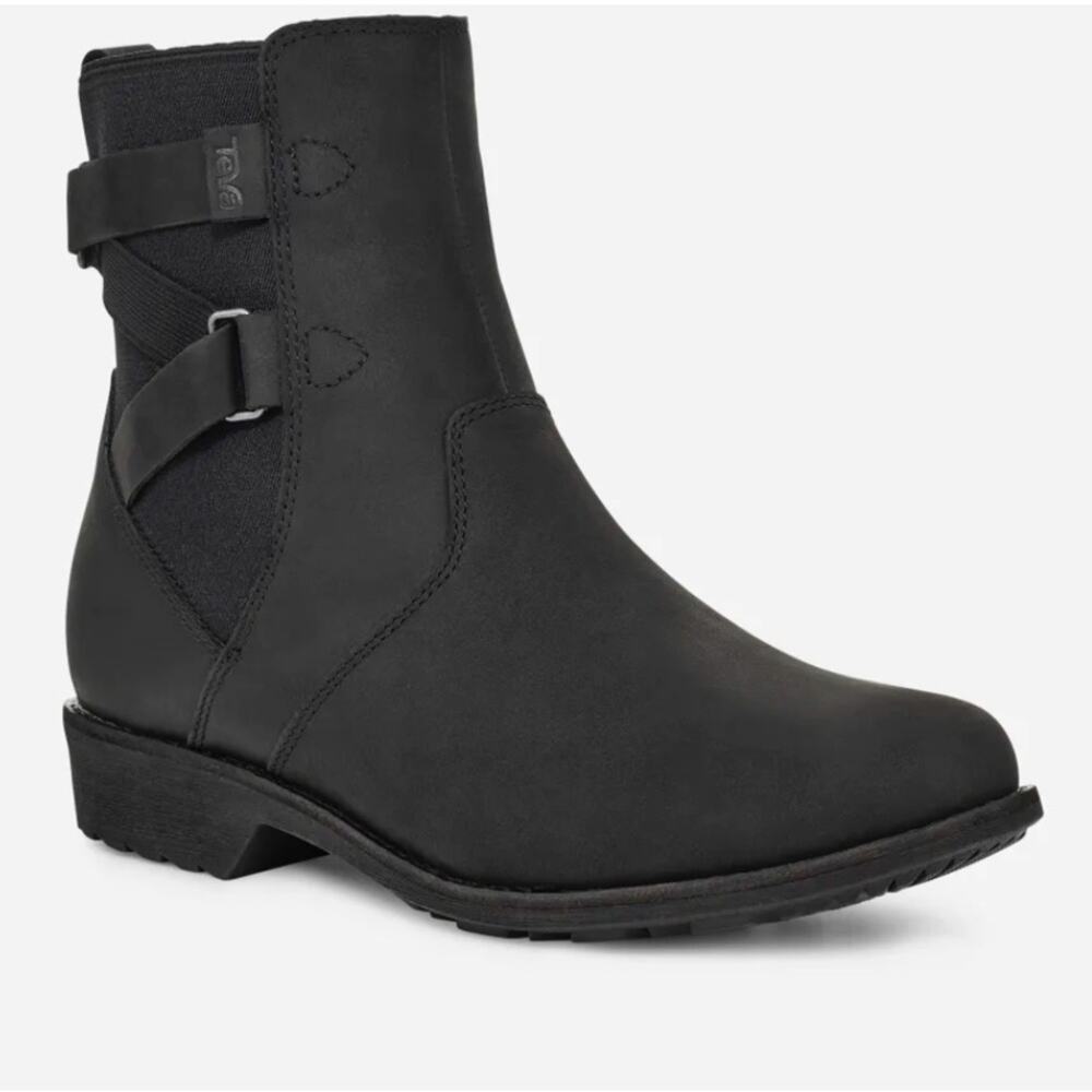 Teva Ellery Black Leather Waterproof Buckle Ankle Boots Size 6